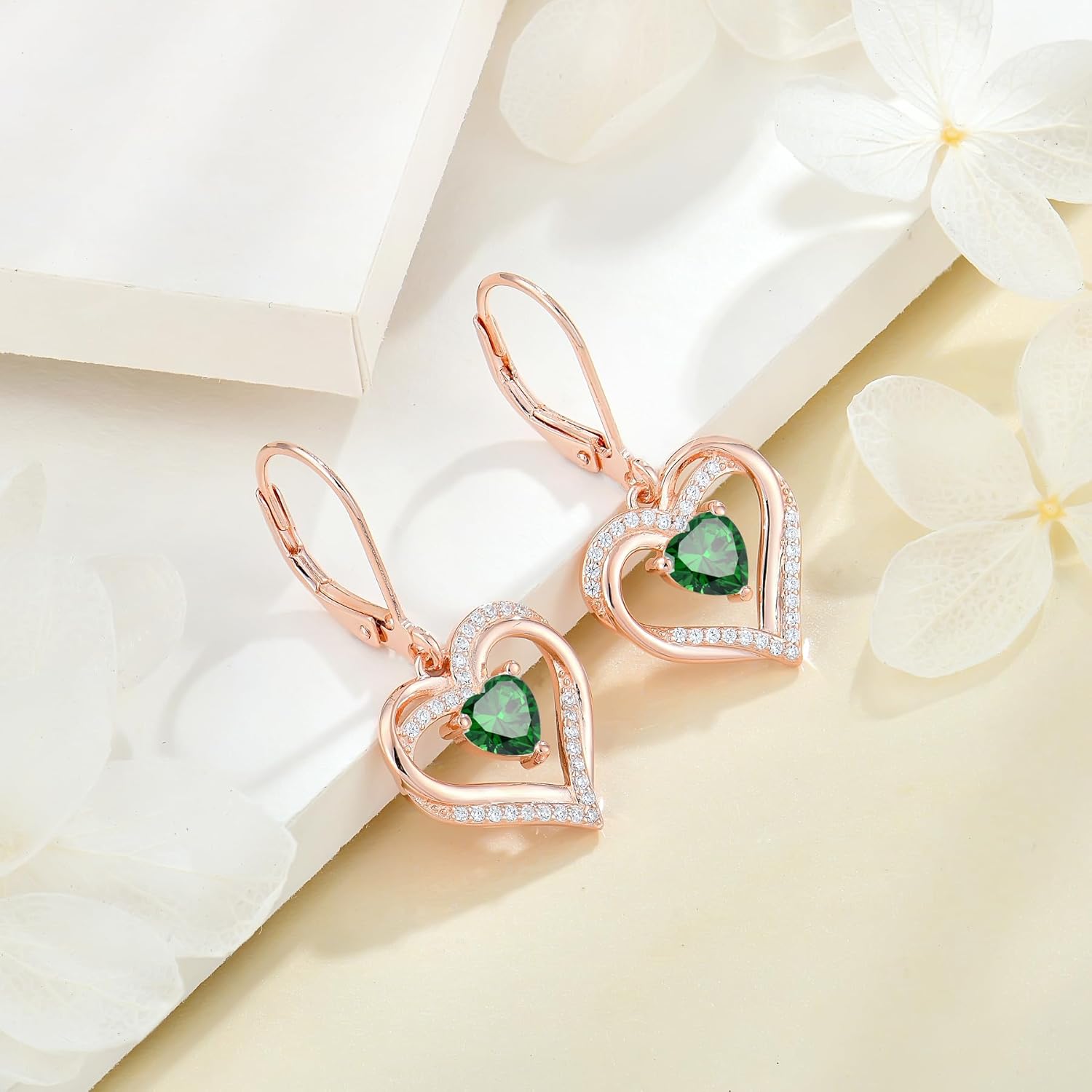 Heart Earrings Necklace Set 925 Sterling Silver Women Earrings 3A Cubic Zirconia May Birthstone Emerald Heart stone Dangle Drop Earrings Pendant for Women - Image 2