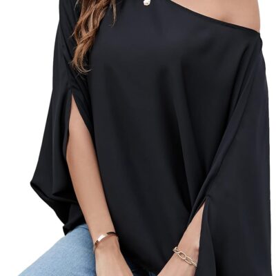 VIMPUNEC Womens Off The Shoulder Flowy Tops Casual Batwing Sleeves Blouses Loose Chiffon Shirts