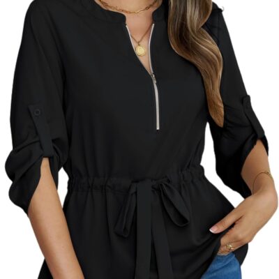 CiCiBird Womens Dressy 3/4 Sleeve Shirt Casual Zip Blouse Work Business Peplum Tops