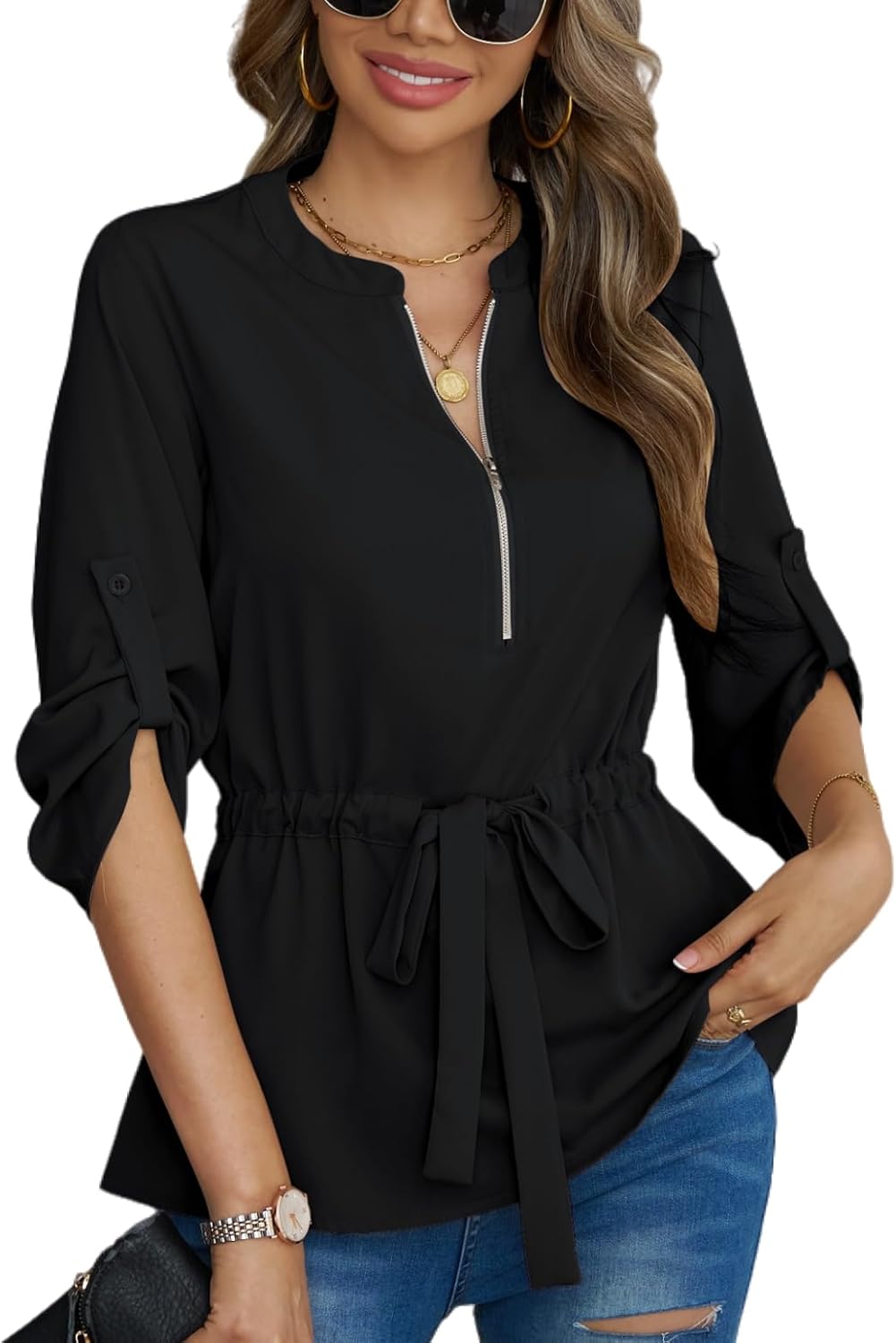 CiCiBird Womens Dressy 3/4 Sleeve Shirt Casual Zip Blouse Work Business Peplum Tops