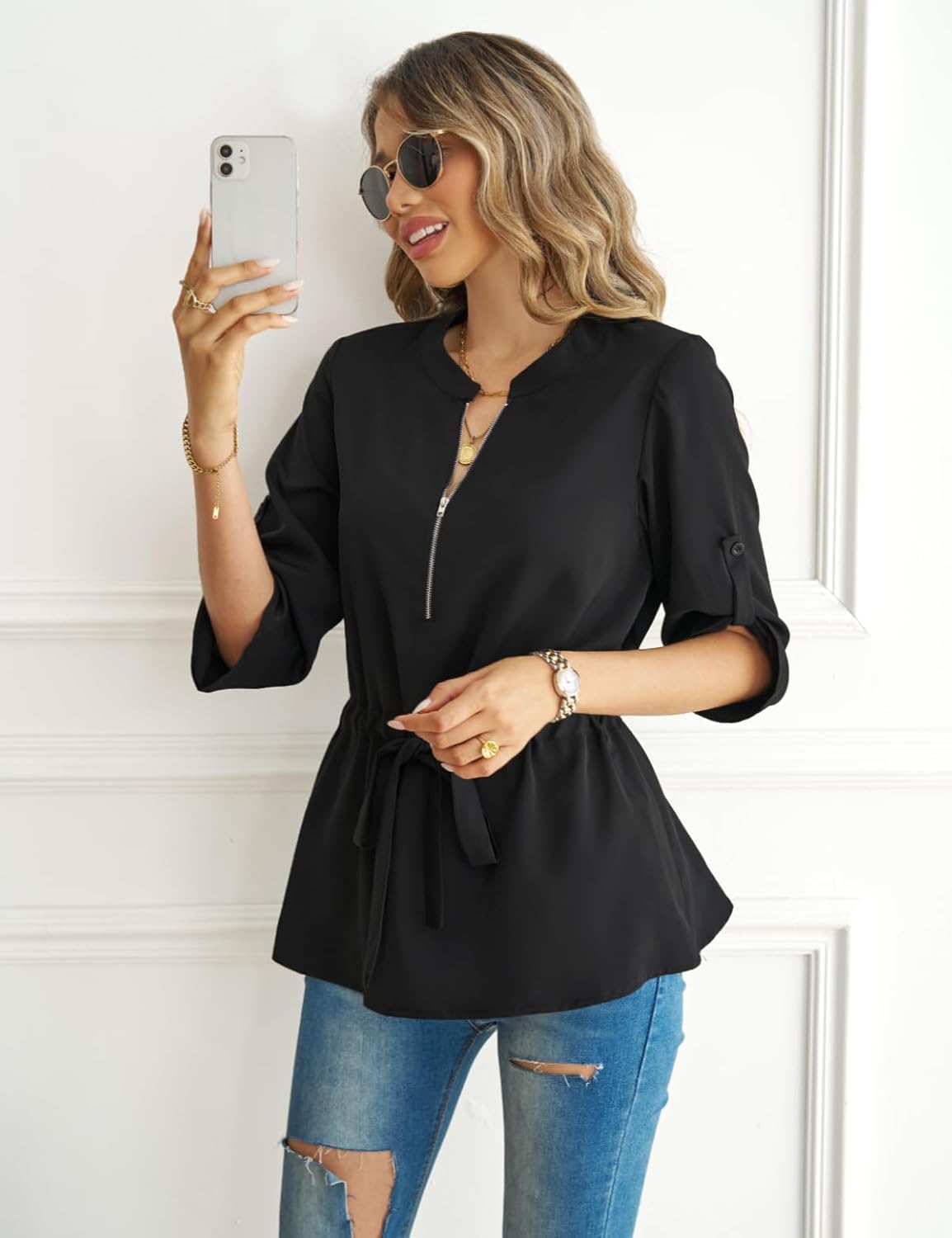 CiCiBird Womens Dressy 3/4 Sleeve Shirt Casual Zip Blouse Work Business Peplum Tops - Image 4