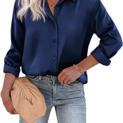 Chigant Women's Blouse Satin Silk Shirts Button Down Shirts Casual Loose Long Sleeve Office Work Tunic Tops