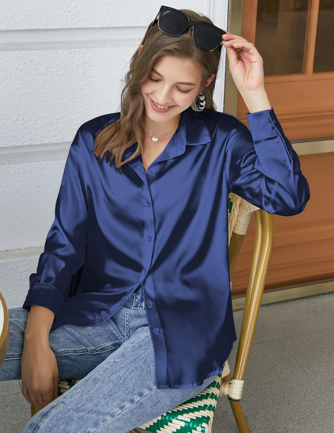 Chigant Women's Blouse Satin Silk Shirts Button Down Shirts Casual Loose Long Sleeve Office Work Tunic Tops - Image 2