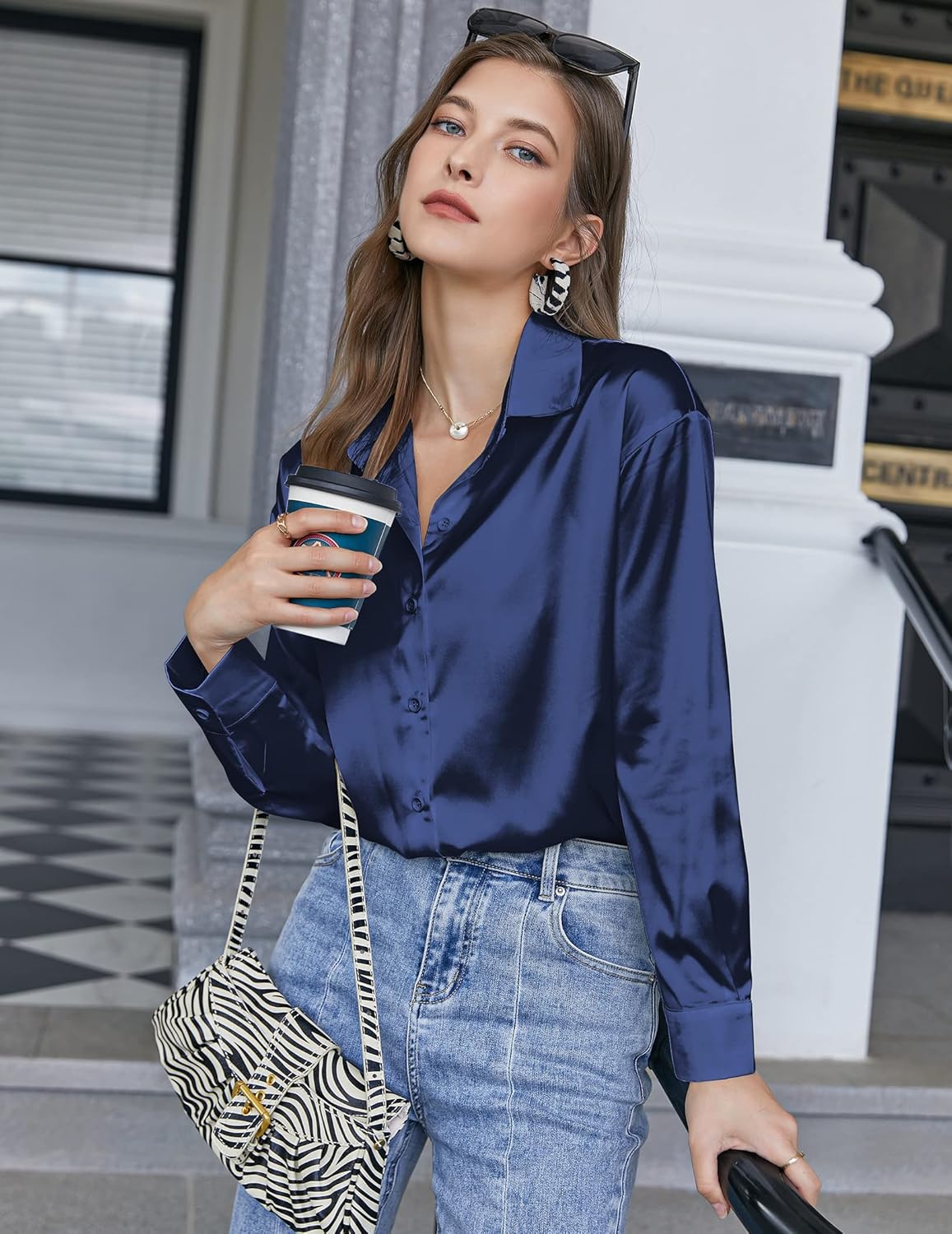 Chigant Women's Blouse Satin Silk Shirts Button Down Shirts Casual Loose Long Sleeve Office Work Tunic Tops - Image 3