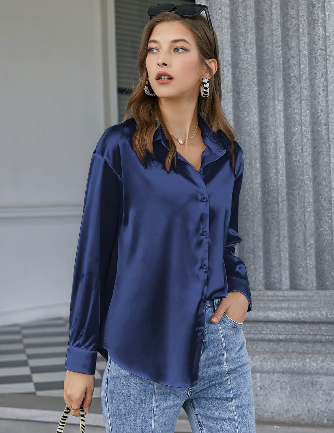 Chigant Women's Blouse Satin Silk Shirts Button Down Shirts Casual Loose Long Sleeve Office Work Tunic Tops - Image 4