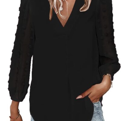 Samefar Women's Long Sleeve Pom Pom Top V Neck Pleated Shirts Casual Loose Chiffon Blouse