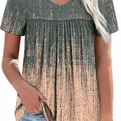 WEESO Womens T Shirts Short Sleeve Pleated Dressy Casual V Neck Summer Tops Blouses