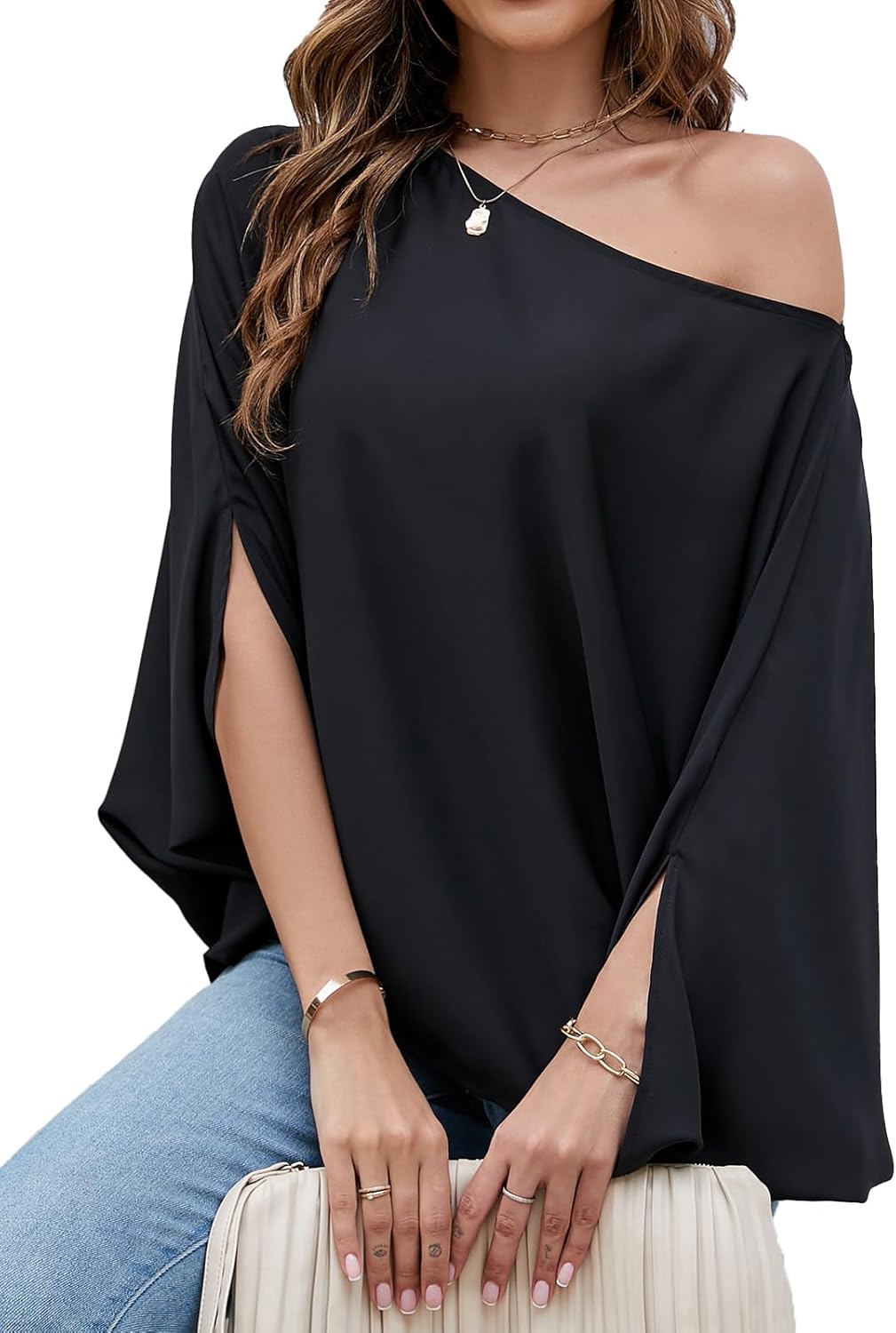 VIMPUNEC Womens Off The Shoulder Flowy Tops Casual Batwing Sleeves Blouses Loose Chiffon Shirts