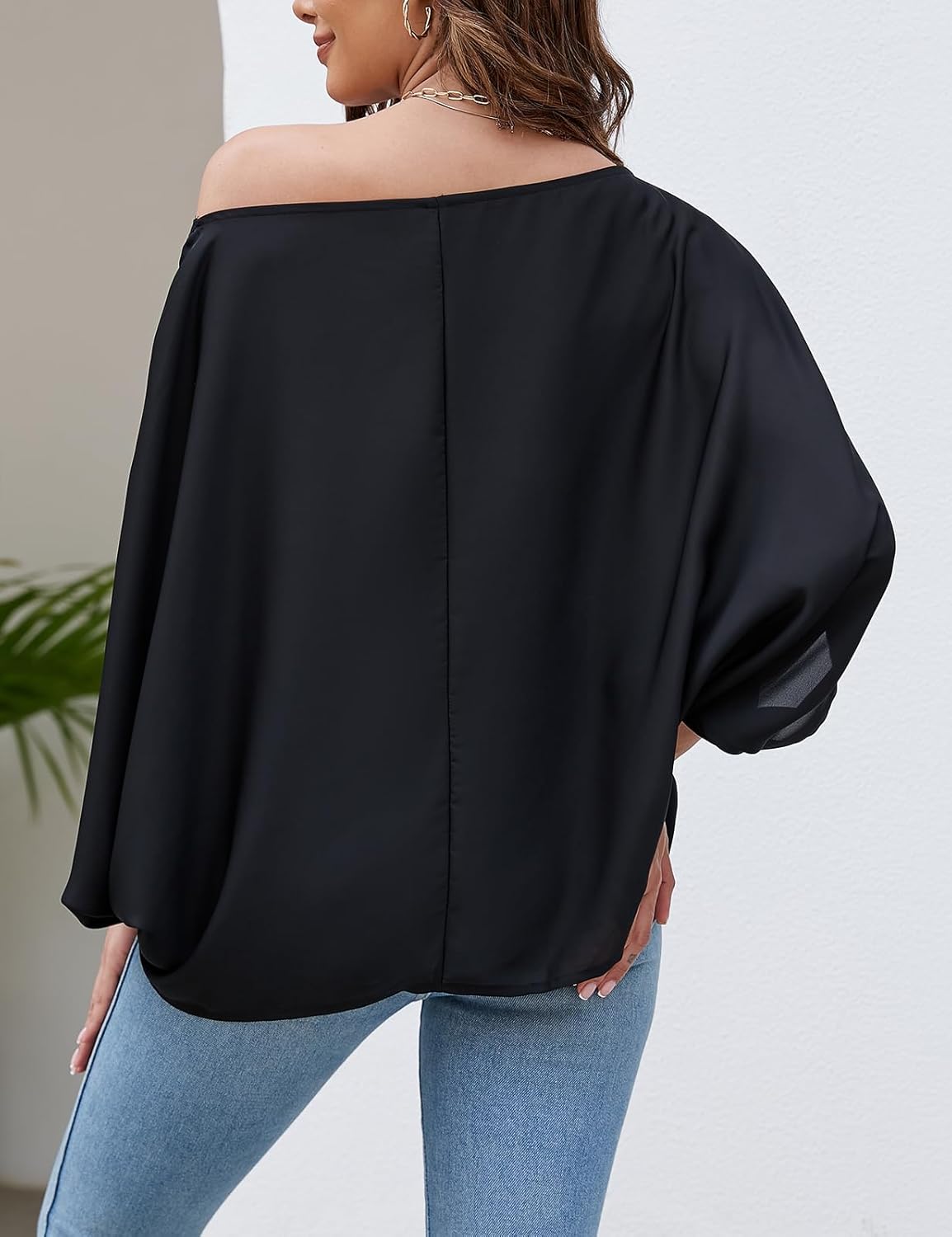 VIMPUNEC Womens Off The Shoulder Flowy Tops Casual Batwing Sleeves Blouses Loose Chiffon Shirts - Image 2