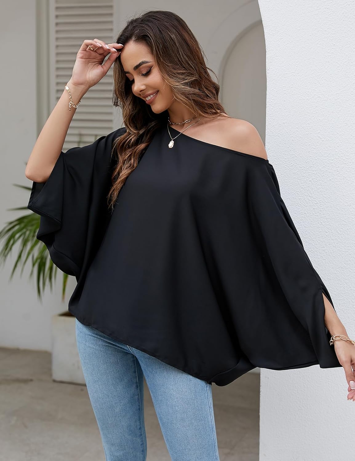 VIMPUNEC Womens Off The Shoulder Flowy Tops Casual Batwing Sleeves Blouses Loose Chiffon Shirts - Image 3
