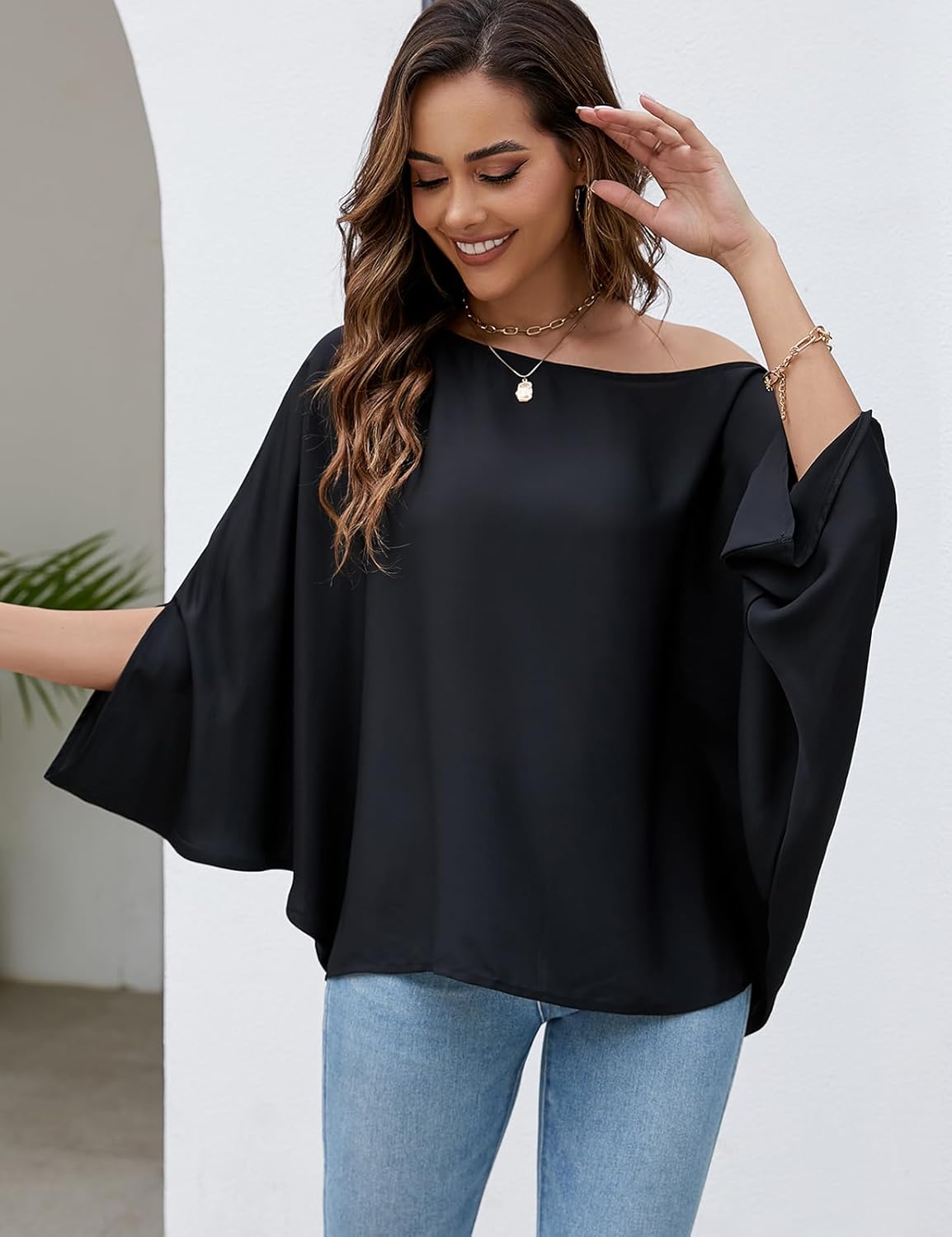VIMPUNEC Womens Off The Shoulder Flowy Tops Casual Batwing Sleeves Blouses Loose Chiffon Shirts - Image 4