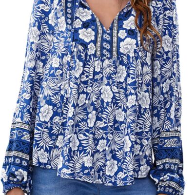 YUZIBAO Blouses for Women V Neck Long Sleeve Boho Tops Babydoll Shirts Floral Print Blouse