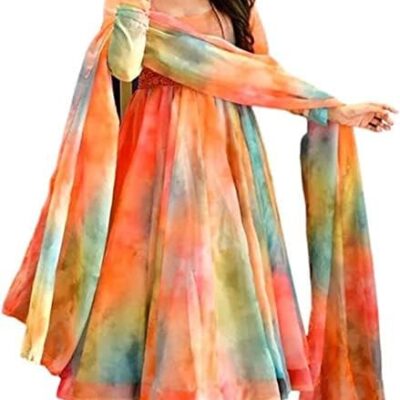 MUTILA Design a new organza silk fabric with shibori print long sleeve and round neck anarkali kurti pant with dupatta set