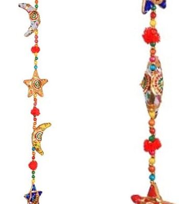 Decorative Moon and Star Indian Hanging string Garlands Latkan with Bell Wall Hanging Wedding Party Christmas Decoration for home Temple Bedroom kids room New year Gifting(Size:-42"/3.5 Feet)