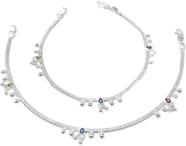 Duel On Jewel Indian Womens 925 Sterling Silver Chain Charm Bell Anklet Paayal Set in Enamel - Gift For Christmas Holiday Bridal Party wedding - Beach Everyday Wear