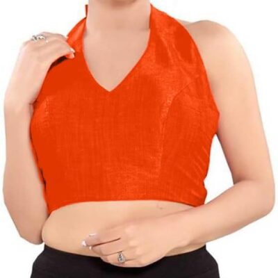 Dupion Solid Saree Blouse Halter Neck Top Sleevless Back Open Hook & Eye Tie Up Closure Choli Sari