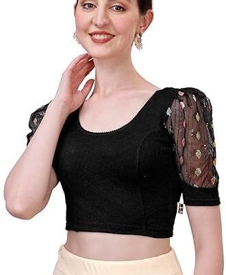 Women's Round Neck Lycra Stretchable Puffed Elbow Sleeve Readymade Saree Blouse