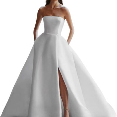 Monlity Strapless Satin Wedding Dresses for Bride with Slit Sleeveless Bridal Dresses Ball Gown for Wedding