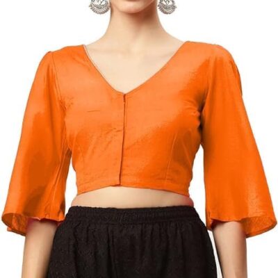 Bollywood Indian Readymade Cotton Saree Blouse for Women Long Sleeve V Neck Sari Choli Crop Top, 34