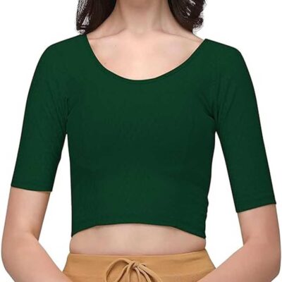 Cotton Lycra Stretchable Sari Blouse Round Neck Half Sleeve Dry Fit Workout Crop Top Gym Sports Top for Women