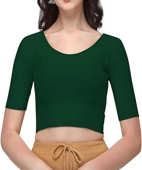 Cotton Lycra Stretchable Sari Blouse Round Neck Half Sleeve Dry Fit Workout Crop Top Gym Sports Top for Women