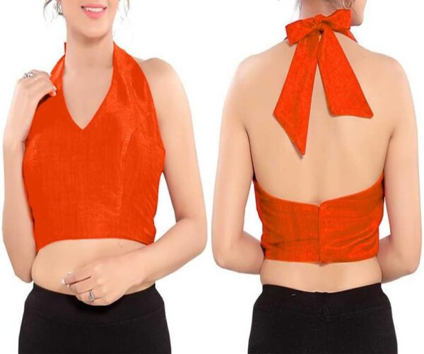 Dupion Solid Saree Blouse Halter Neck Top Sleevless Back Open Hook & Eye Tie Up Closure Choli Sari - Image 4