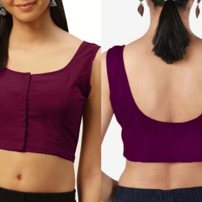 Ethnic Wear Saree Cotton Blouse Women Readymade Plain Sari Choli Top Round Neck, Sleeveless Front Hook & Eye Closure