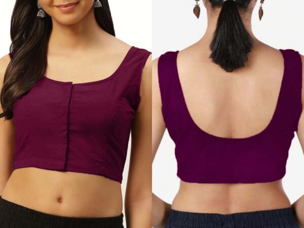 Ethnic Wear Saree Cotton Blouse Women Readymade Plain Sari Choli Top Round Neck, Sleeveless Front Hook & Eye Closure