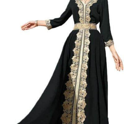 PolyJolly Gold Applique Abaya Dress for Women Dubai Sadui Fancy Moroccan Arabic Jalabiya Eid Collection
