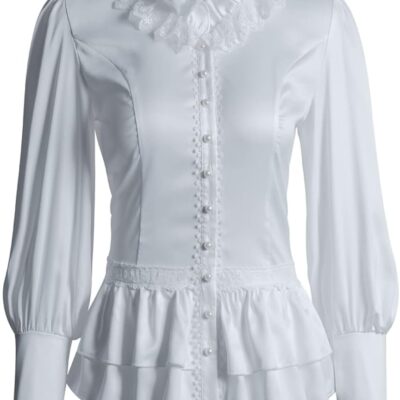 Women Vintage Victorian Long Sleeve Corset Top Lace Ruffled Blouse Stand Collar Shirts
