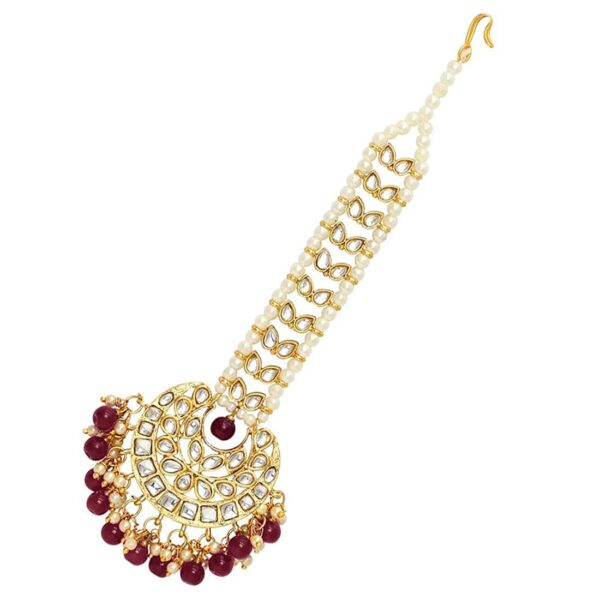 Aheli Faux Kundan Maang Tikka Matha Patti Indian Traditional Bollywood Jewelry for Women Girls Maroon - Image 4