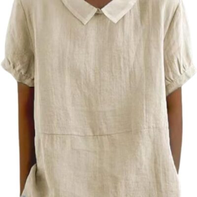 Cotton Linen Shirts for Women Summer Short Sleeve Casual Collared Work Blouse Tunic Tos