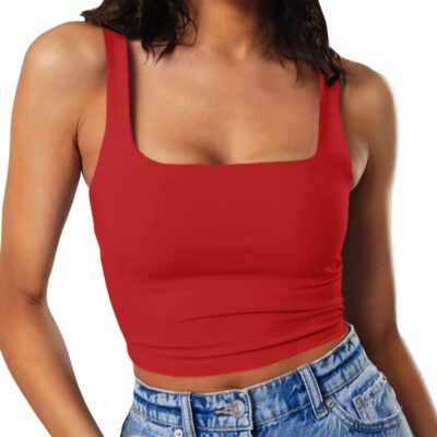 Artfish Women's Sleeveless Strappy Tank Square Neck Double Layer Workout Fitness Casual Basic Crop Tops