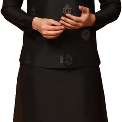 KISAH Men's Cotton Kurta, Embroidered Nehru Jacket & Pajama Set – Indian Ethnic Kurta Pyjama Set for Festive Occasions