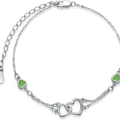 Dorunmo Anklet/Bracelet for Women 925 Sterling Silver Birthstone Jewelry Cubic Zirconia Double Heart Chain Jewelry for Mom Wife Friend Bride Valentine's Day Christmas Birthday Mother's Day