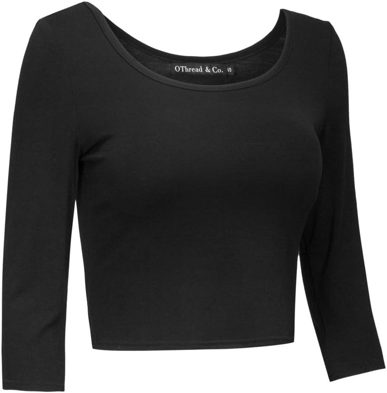 OThread & Co. Women's Crop Tops Basic Stretchy Scoop Neck 3/4 Sleeve T-Shirt - Image 3