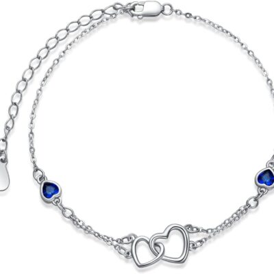 Dorunmo Anklet/Bracelet for Women 925 Sterling Silver Birthstone Jewelry Cubic Zirconia Double Heart Chain Jewelry for Mom Wife Friend Bride Valentine's Day Christmas Birthday Mother's Day