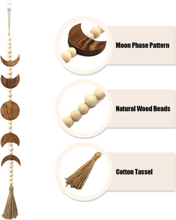 2X Wood Moon Phase Wall Hanging, Boho Farmhouse Beaded Moon Garland with Wall Decor,Brown - Image 2