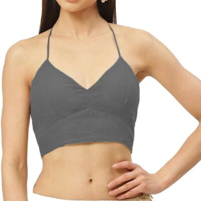 Ethnic Wear Saree Cotton Blouse Women Readymade Plain Sari Choli Top Halter Neck, Sleeveless, Backless Tie-Up Closure