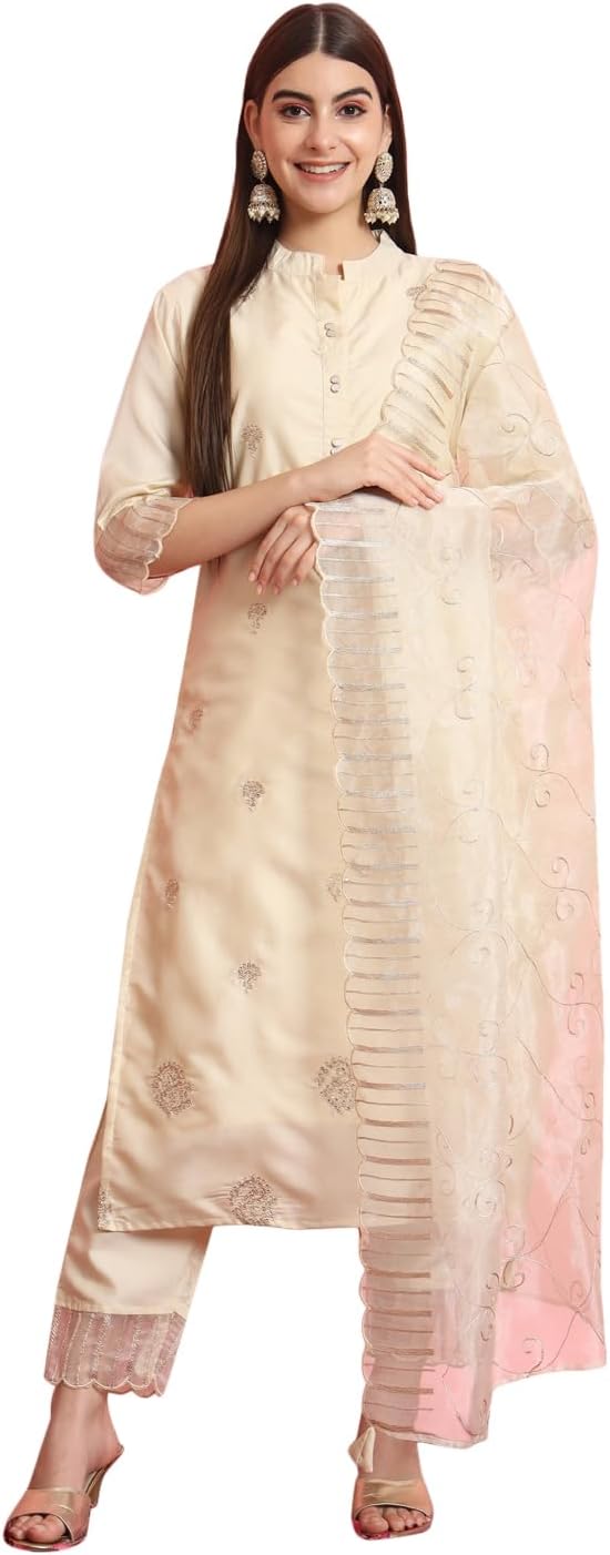 VredeVogel Women's Silk Blend Embroidered Kurta with Pant & Dupatta Set