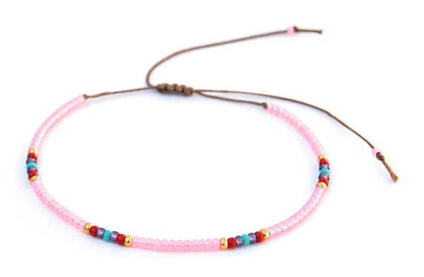 Beaded Anklet for Women, Boho Bohemian Native American Style, Unique Waterproof Pink Colorful Hippie Beach Anklet, Handmade by Tribes (S-M)