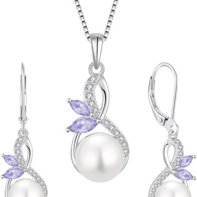 Pearl Earrings Necklaces 925 Sterling Silver Infinity Butterfly Dangle & Drop Jewelry for Women June Alexandrite Birthstone Jewelry Ser with 10mm Freshwater Culture Pearl Jewelry