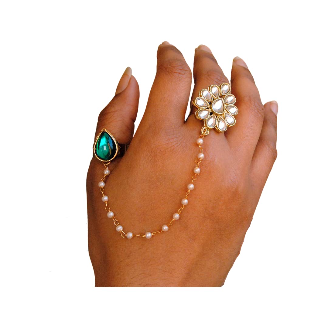 Green Pear Shape Kundan 2 Finger Ring Linked With Pearl Chain To Floral Shape Kundan, Adjustable Double Rings, Handmade Designer Bollywood Style Adjustable Two Finger Rin