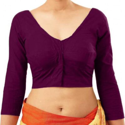 Ethnic Wear Saree Cotton Blouse Women Readymade Plain Sari Choli Top U Neck 3/4 Sleeves Front-Open