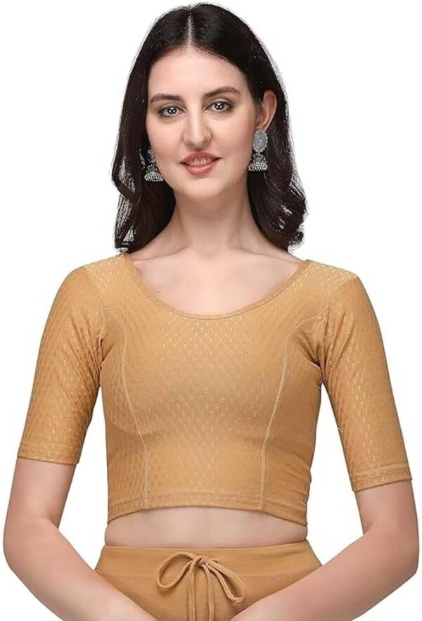 Cotton Lycra Stretchable Sari Blouse Round Neck Half Sleeve Dry Fit Workout Crop Top Gym Sports Top for Women