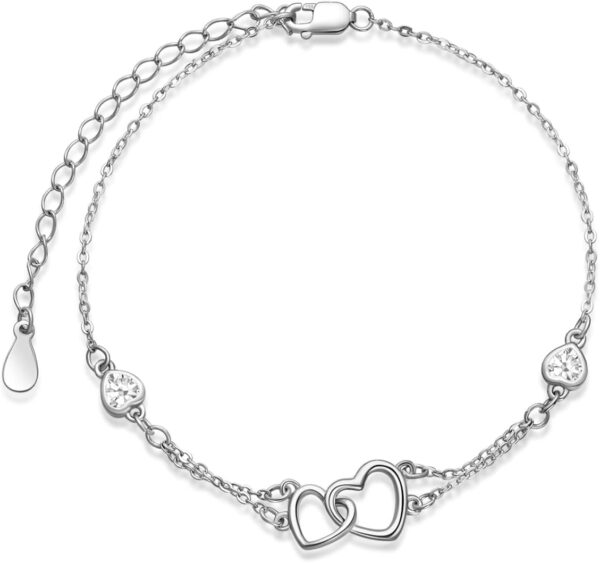 Dorunmo Anklet/Bracelet for Women 925 Sterling Silver Birthstone Jewelry Cubic Zirconia Double Heart Chain Jewelry for Mom Wife Friend Bride Valentine's Day Christmas Birthday Mother's Day