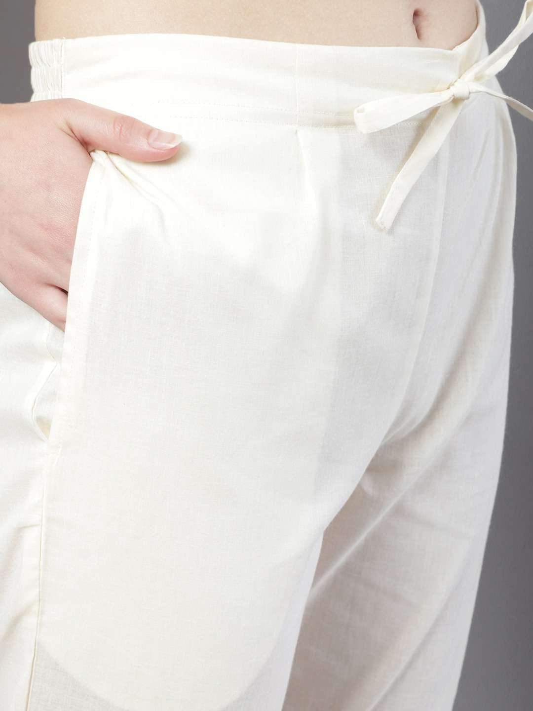 Women's Cotton Straight Off White With Red Hand Embroidered Kurta Pant Set With Dupatta - Image 7