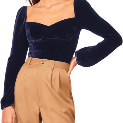 R.Vivimos Women's Fall Velvet Long Sleeves Square Neckline Casual Vintage Crop Tops Blouse