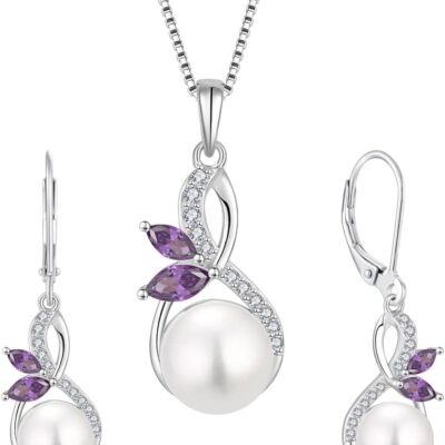 Pearl Earrings Necklaces 925 Sterling Silver Infinity Butterfly Dangle & Drop Jewelry for Women February Amethyst Birthstone Jewelry Ser with 10mm Freshwater Culture Pearl Jewelry