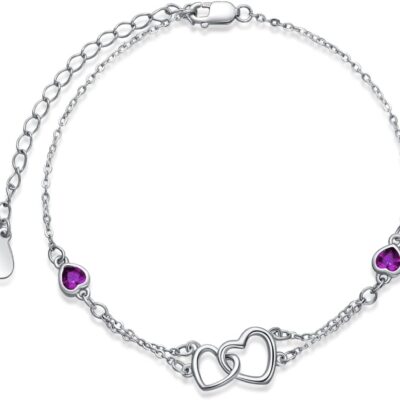 Dorunmo Anklet/Bracelet for Women 925 Sterling Silver Birthstone Jewelry Cubic Zirconia Double Heart Chain Jewelry for Mom Wife Friend Bride Valentine's Day Christmas Birthday Mother's Day